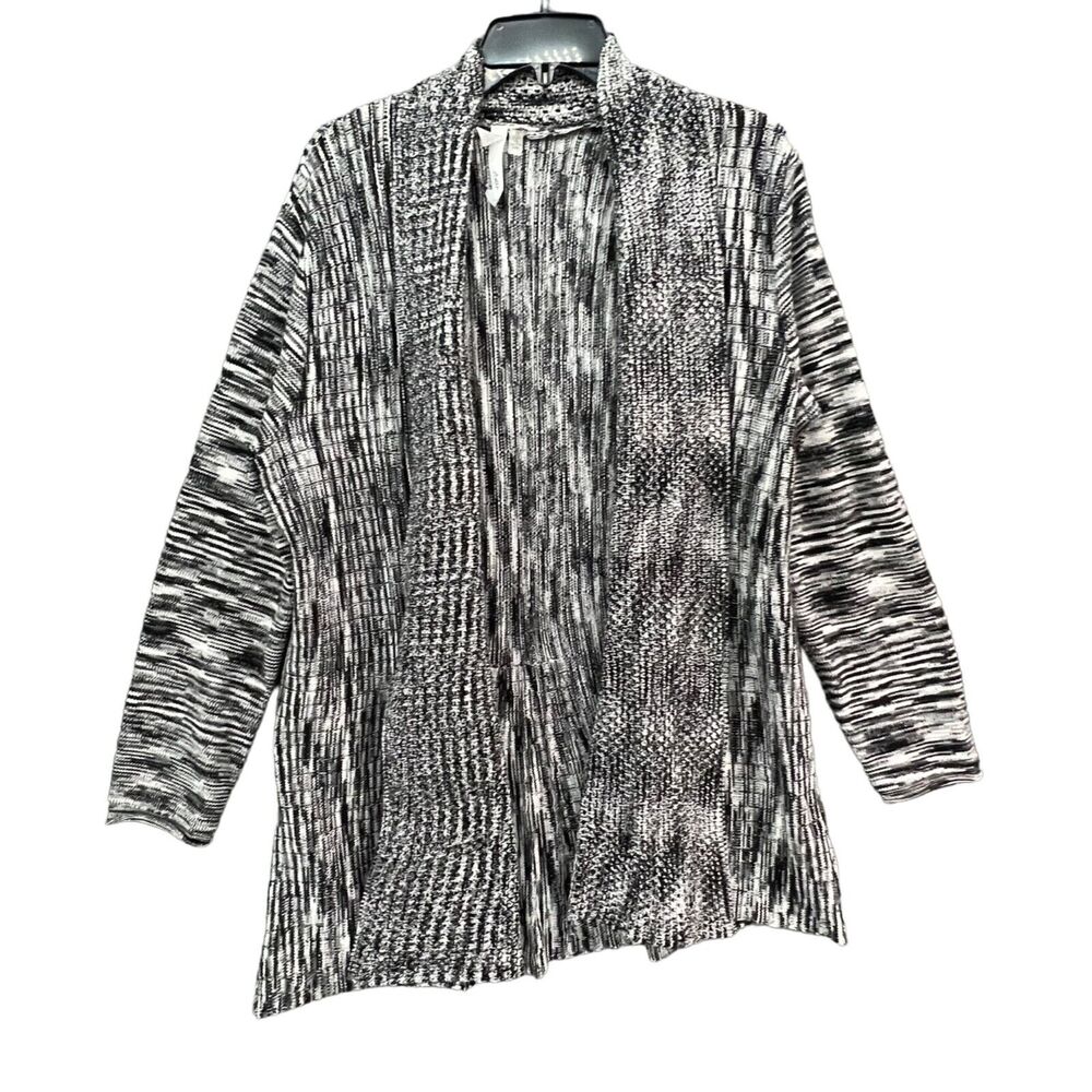 NY Collection Cardigan Women XL Black White Tunic Knit Sweater Open Front Layers